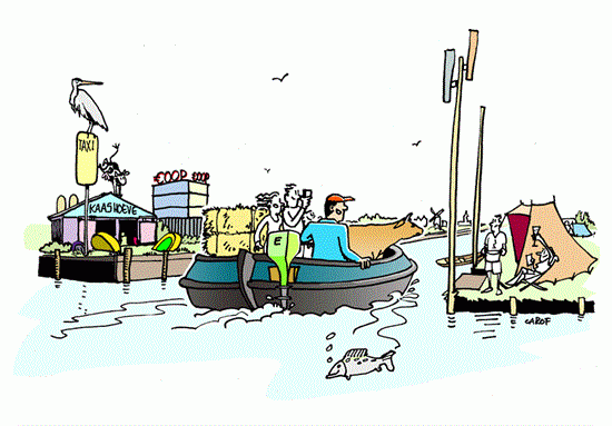 © copyright Beeldleveranciers Boot met landbouwproducten, langs de oever recreatie en bedrijvigheid